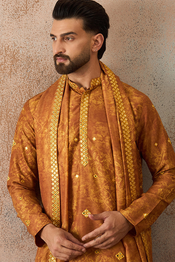 Mustard Silk Blend Ethnic Motifs Printed Mirror Work Kurta With Dupatta MKUD1034