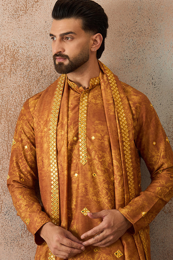 Mustard Silk Blend Ethnic Motifs Printed Mirror Work Kurta With Dupatta MKUD1034