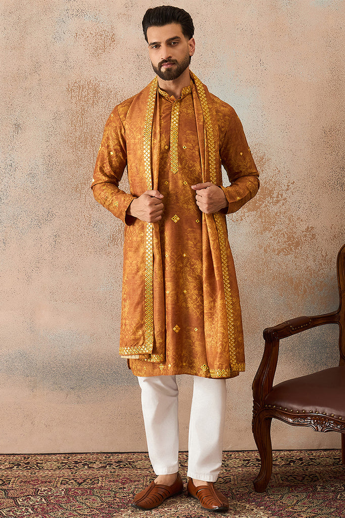 Mustard Silk Blend Ethnic Motifs Printed Mirror Work Kurta With Dupatta MKUD1034