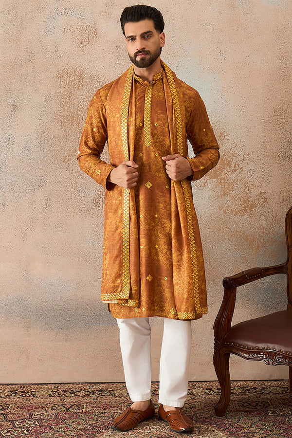 Mustard Silk Blend Ethnic Motifs Printed Mirror Work Kurta With Dupatta MKUD1034