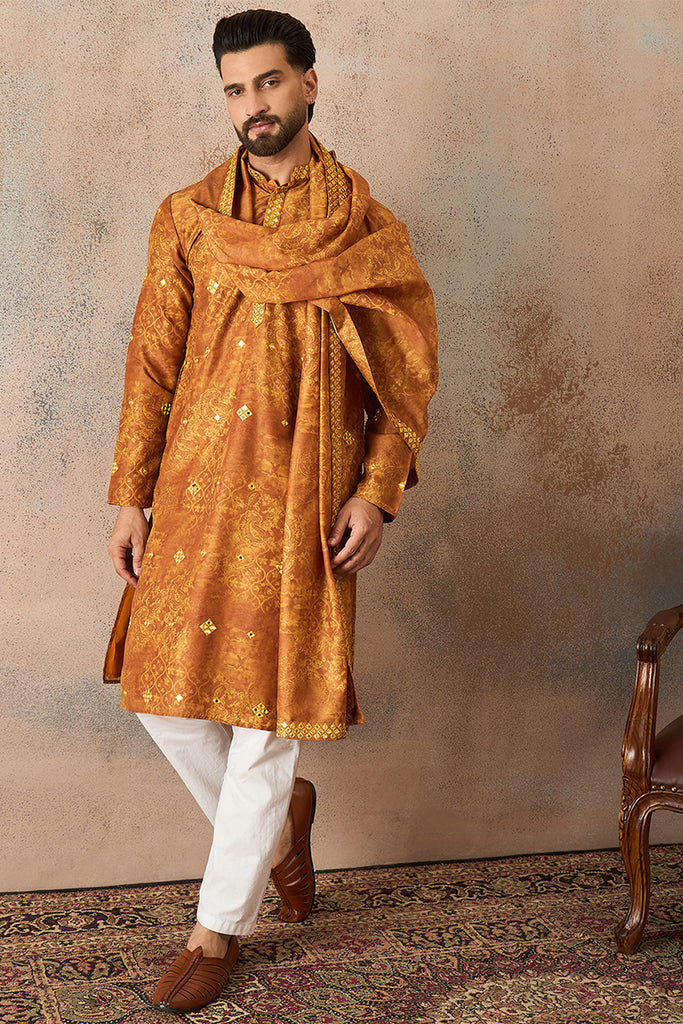 Mustard Silk Blend Ethnic Motifs Printed Mirror Work Kurta With Dupatta MKUD1034
