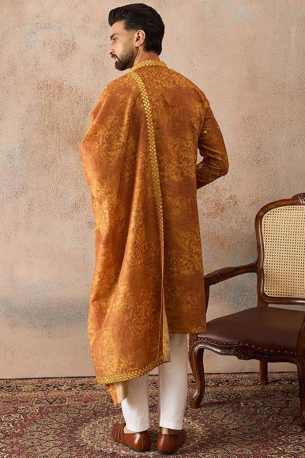 Mustard Silk Blend Ethnic Motifs Printed Mirror Work Kurta With Trouser & Dupatta MKPD1034