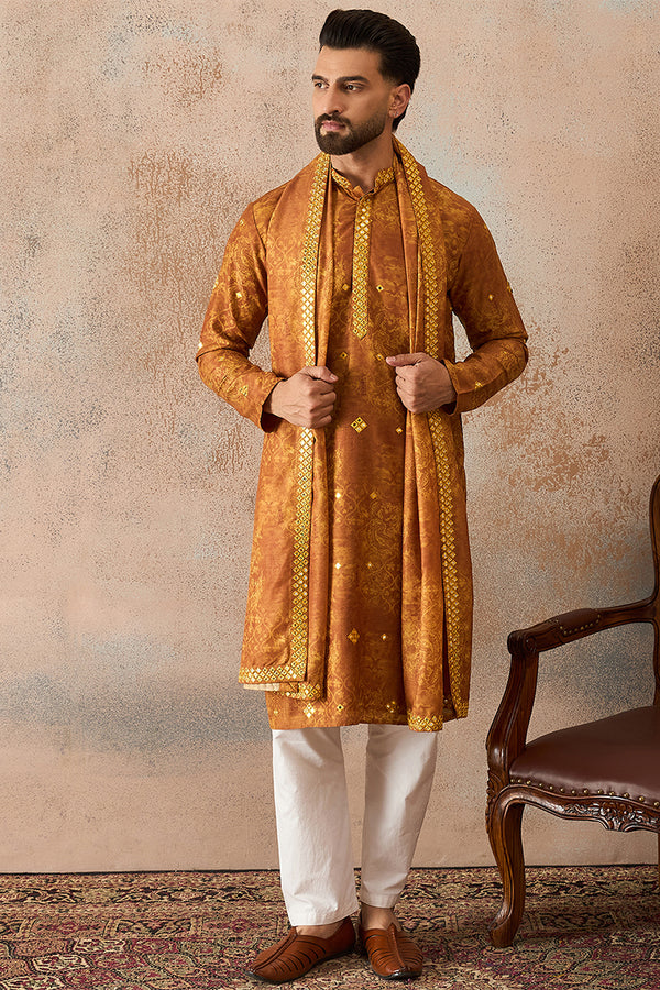 Mustard Silk Blend Ethnic Motifs Printed Mirror Work Kurta With Trouser & Dupatta MKPD1034