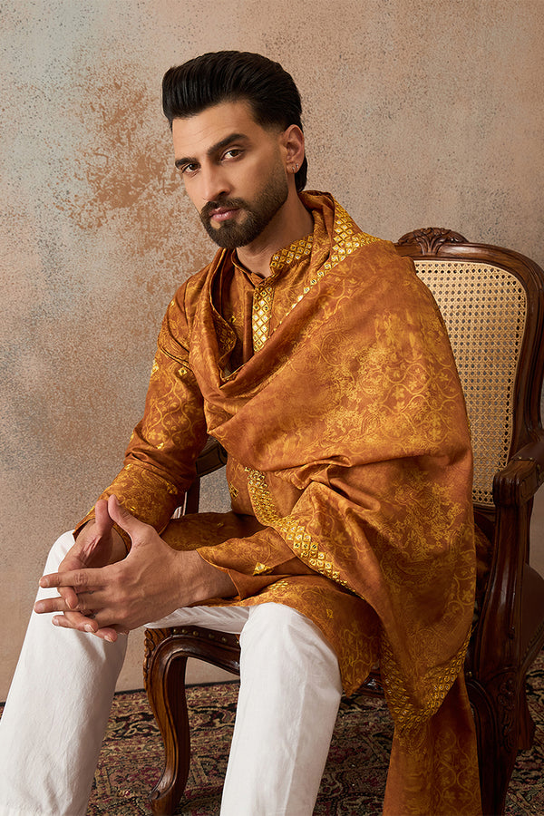 Mustard Silk Blend Ethnic Motifs Printed Mirror Work Kurta With Dupatta MKUD1034