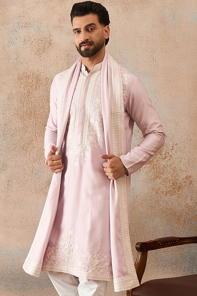 Lavender Silk Blend Solid Embroidered Kurta Trouser With Dupatta MKPD1038
