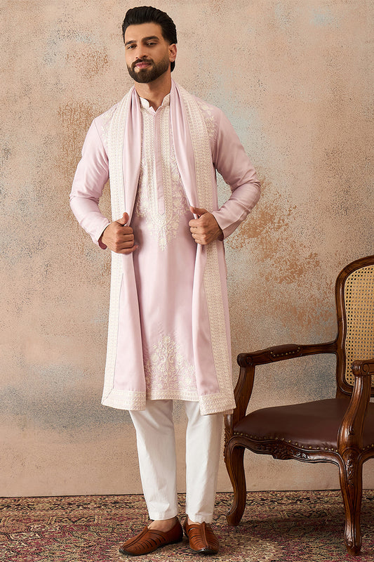 Lavender Silk Blend Solid Embroidered Kurta Trouser With Dupatta MKPD1038