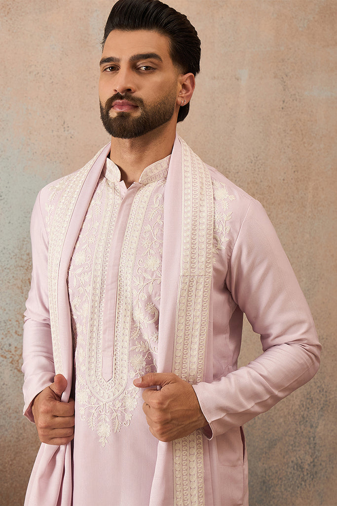 Lavender Silk Blend Solid Embroidered Kurta With Dupatta MKUD1038
