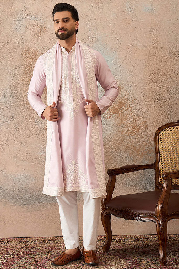 Lavender Silk Blend Solid Embroidered Kurta Trouser With Dupatta MKPD1038