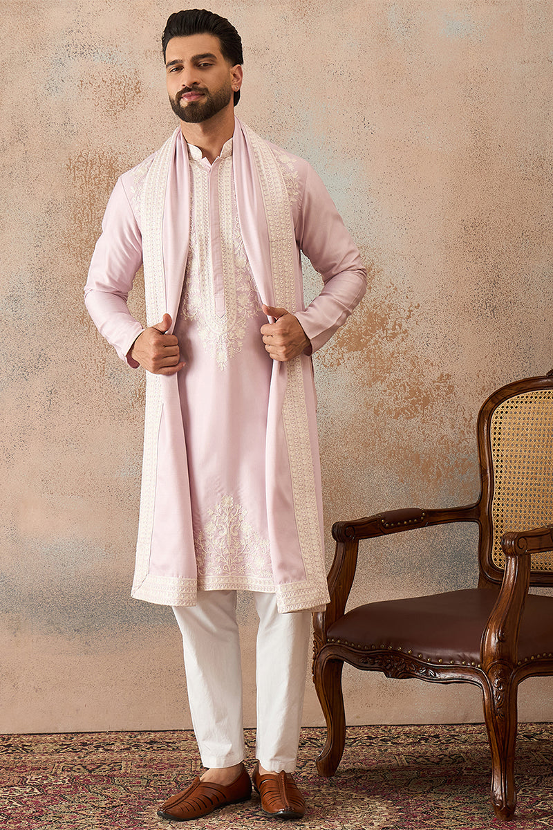 Lavender Silk Blend Solid Embroidered Kurta With Dupatta MKUD1038