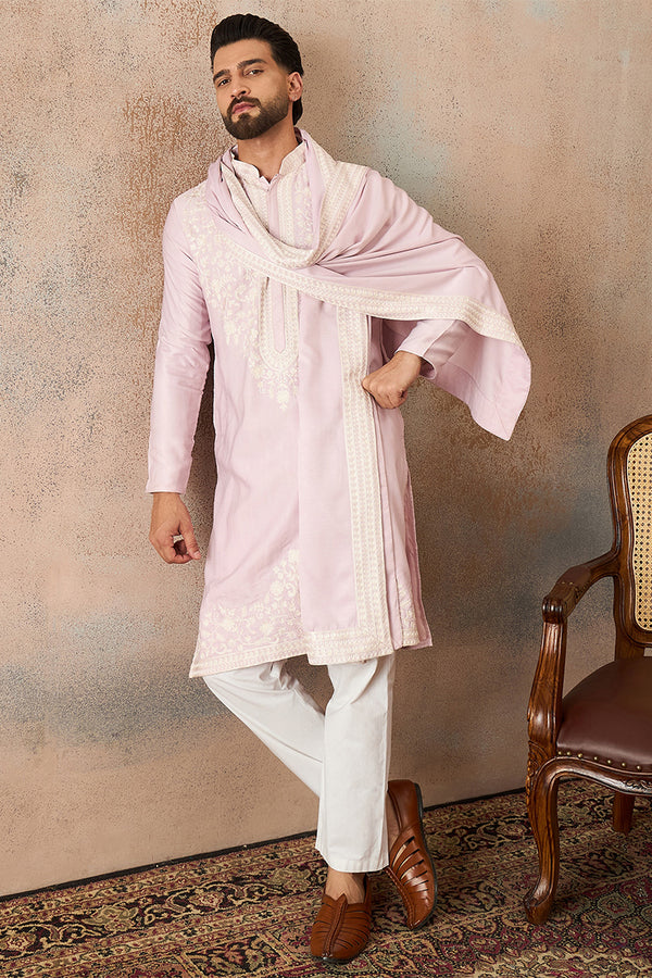 Lavender Silk Blend Solid Embroidered Kurta Trouser With Dupatta MKPD1038