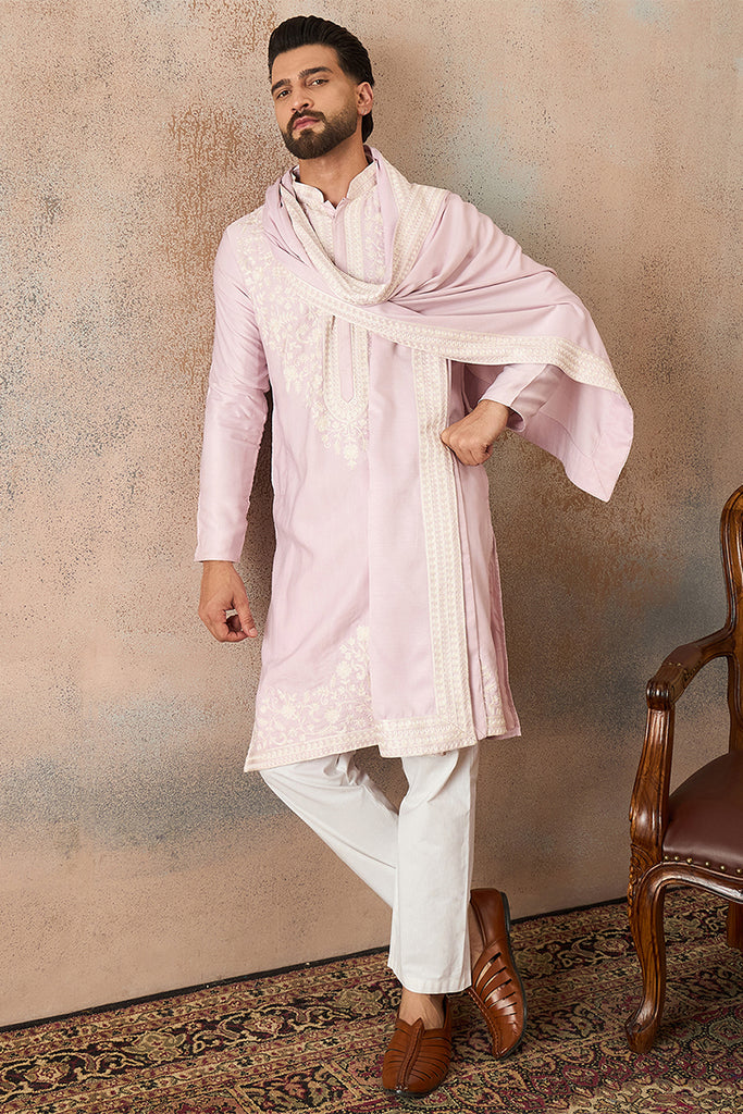 Lavender Silk Blend Solid Embroidered Kurta With Dupatta MKUD1038