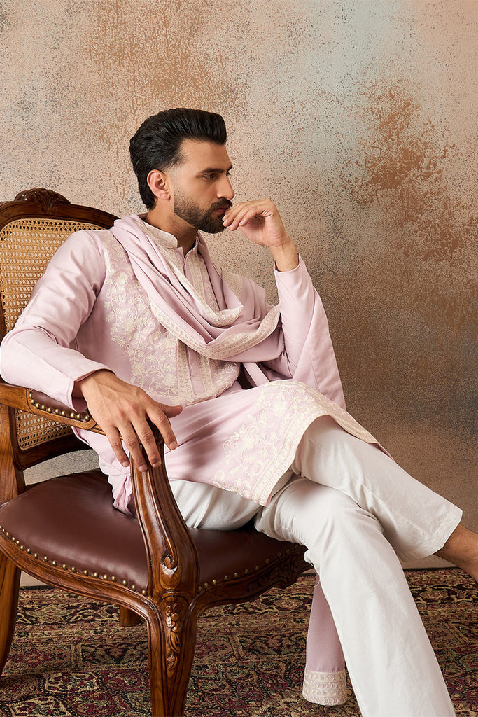 Lavender Silk Blend Solid Embroidered Kurta Trouser With Dupatta MKPD1038