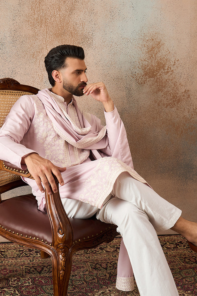 Lavender Silk Blend Solid Embroidered Kurta With Dupatta MKUD1038