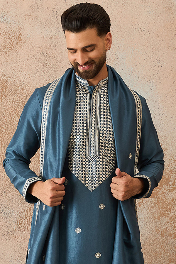 Blue Silk Blend Solid Embroidered Kurta With Dupatta MKUD1048