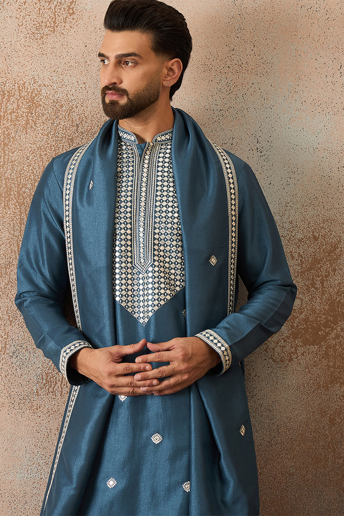 Blue Silk Blend Solid Embroidered Kurta With Dupatta MKUD1048