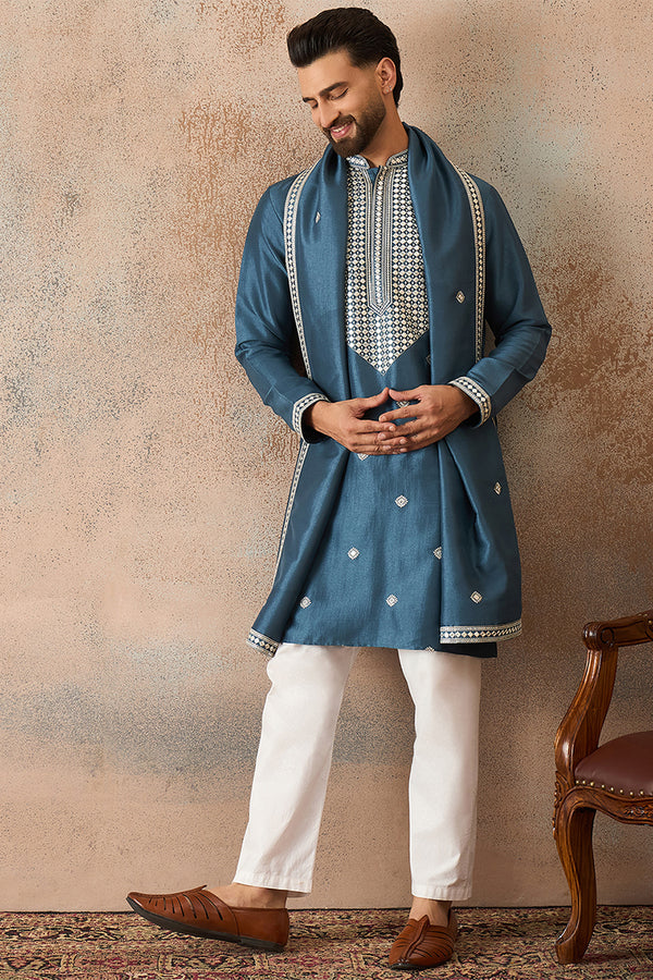 Blue Silk Blend Solid Embroidered Kurta With Dupatta MKUD1048