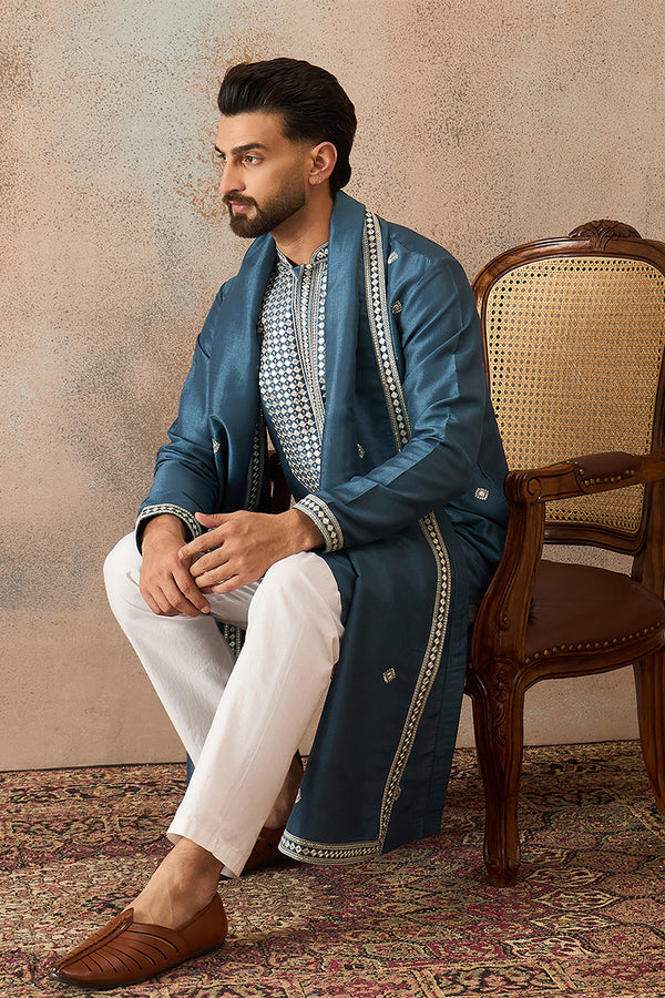 Blue Silk Blend Solid Embroidered Kurta With Dupatta MKUD1048