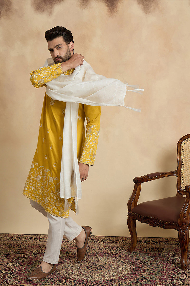 Yellow Chanderi Silk Solid Embroidered Straight Kurta with Dupatta MKUD1314