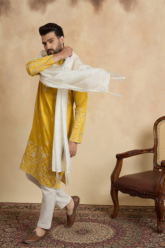 Yellow Chanderi Silk Solid Embroidered Straight Kurta Trouser with Dupatta MKPD1314