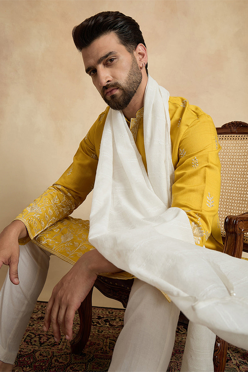 Yellow Chanderi Silk Solid Embroidered Straight Kurta Trouser with Dupatta MKPD1314