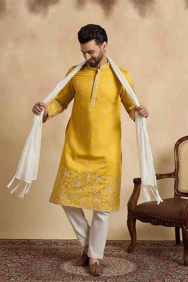 Yellow Chanderi Silk Solid Embroidered Straight Kurta Trouser with Dupatta MKPD1314