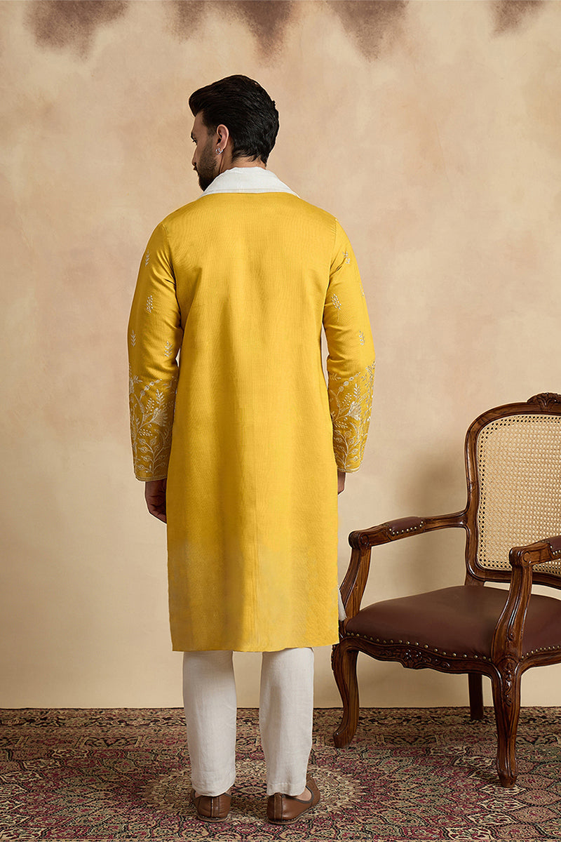 Yellow Chanderi Silk Solid Embroidered Straight Kurta with Dupatta MKUD1314