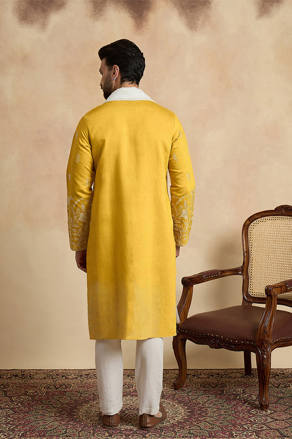 Yellow Chanderi Silk Solid Embroidered Straight Kurta Trouser with Dupatta MKPD1314