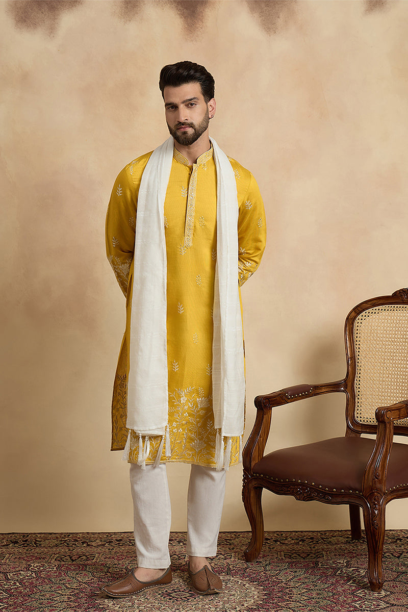 Yellow Chanderi Silk Solid Embroidered Straight Kurta Trouser with Dupatta MKPD1314