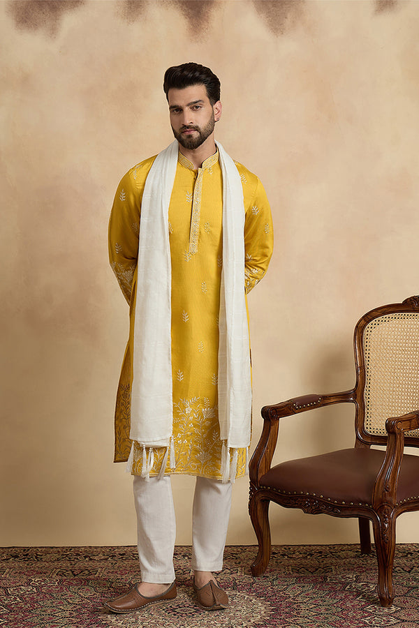 Yellow Chanderi Silk Solid Embroidered Straight Kurta Trouser with Dupatta MKPD1314