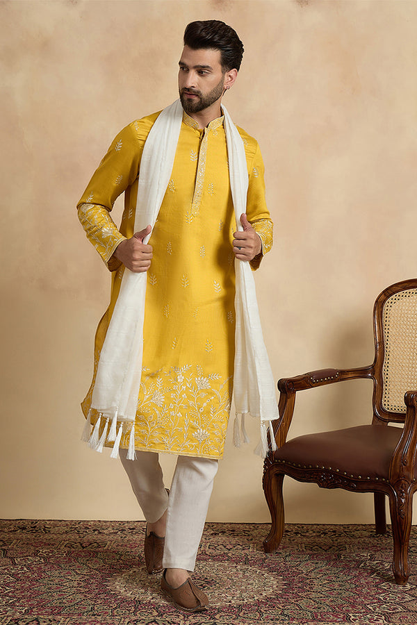 Yellow Chanderi Silk Solid Embroidered Straight Kurta with Dupatta MKUD1314