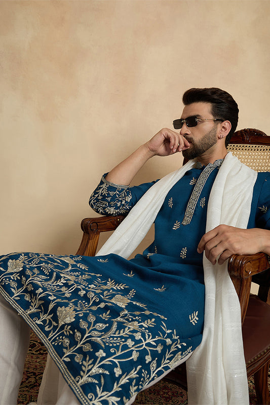 Blue Chanderi Silk Solid Embroidered Straight Kurta with Dupatta MKUD1315
