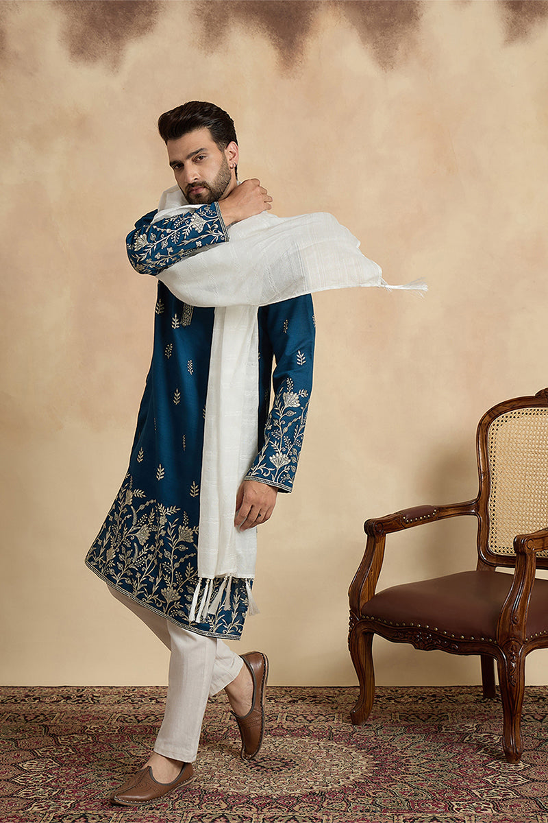 Blue Chanderi Silk Solid Embroidered Straight Kurta with Dupatta MKUD1315