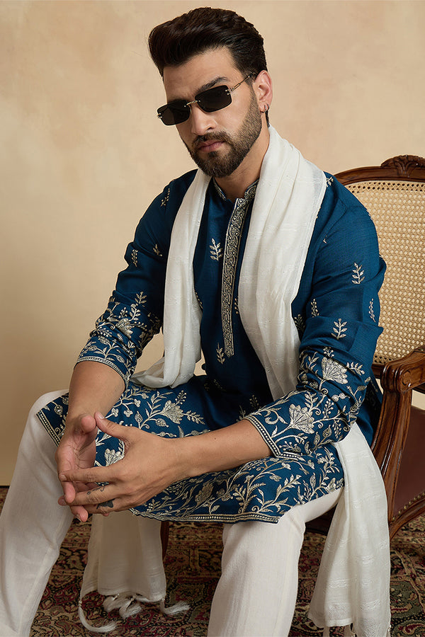 Blue Chanderi Silk Solid Embroidered Straight Kurta Trouser with Dupatta MKPD1315