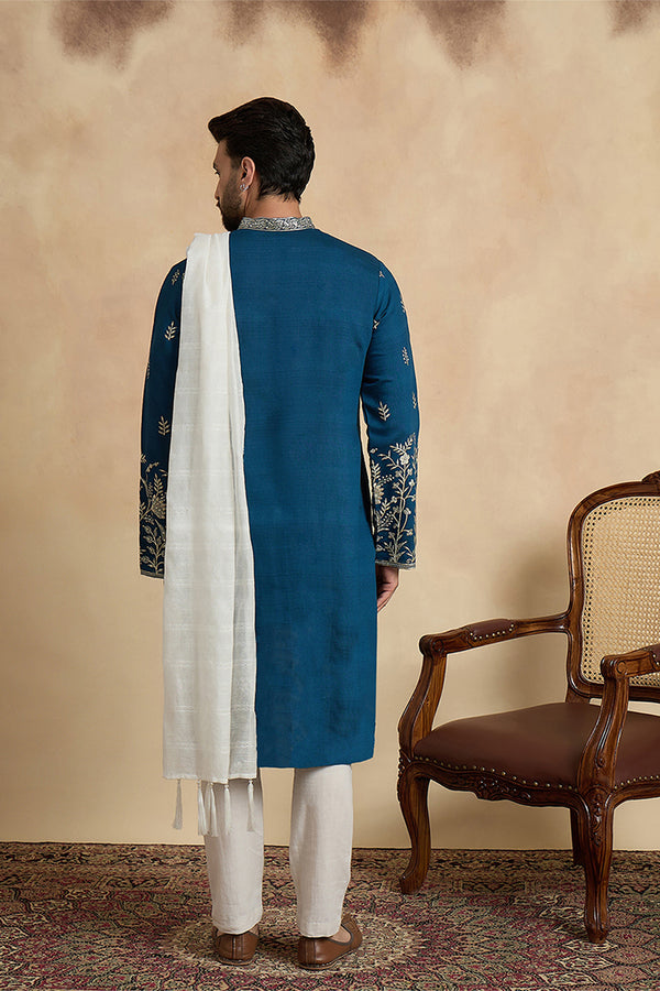 Blue Chanderi Silk Solid Embroidered Straight Kurta Trouser with Dupatta MKPD1315