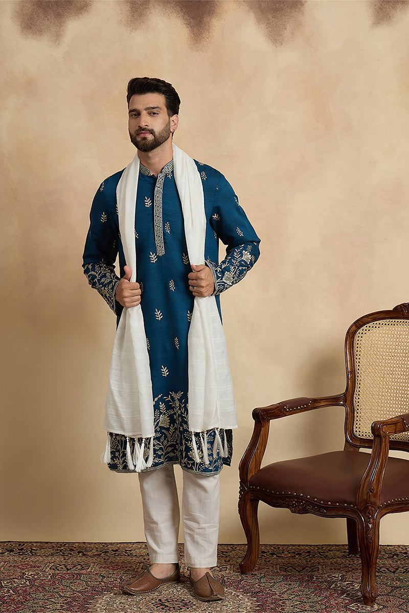 Blue Chanderi Silk Solid Embroidered Straight Kurta with Dupatta MKUD1315