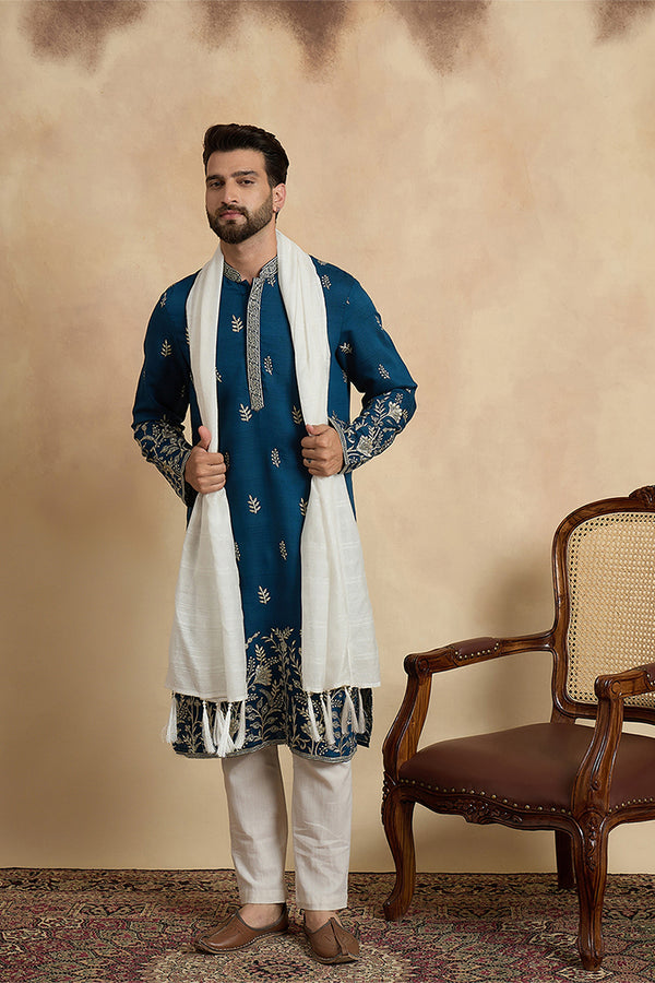 Blue Chanderi Silk Solid Embroidered Straight Kurta Trouser with Dupatta MKPD1315