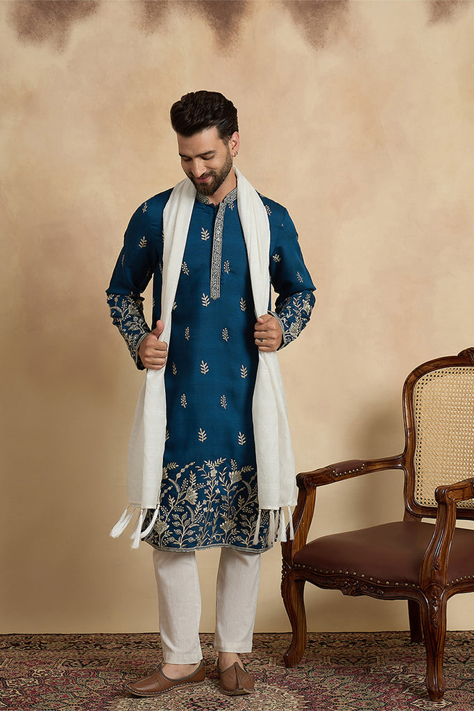 Blue Chanderi Silk Solid Embroidered Straight Kurta Trouser with Dupatta MKPD1315