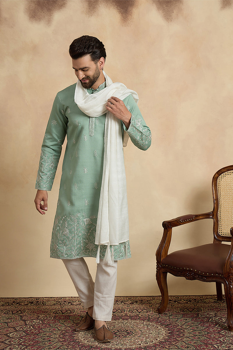 Green Silk Blend Solid Embroidered Straight Kurta Sets MKPD1783