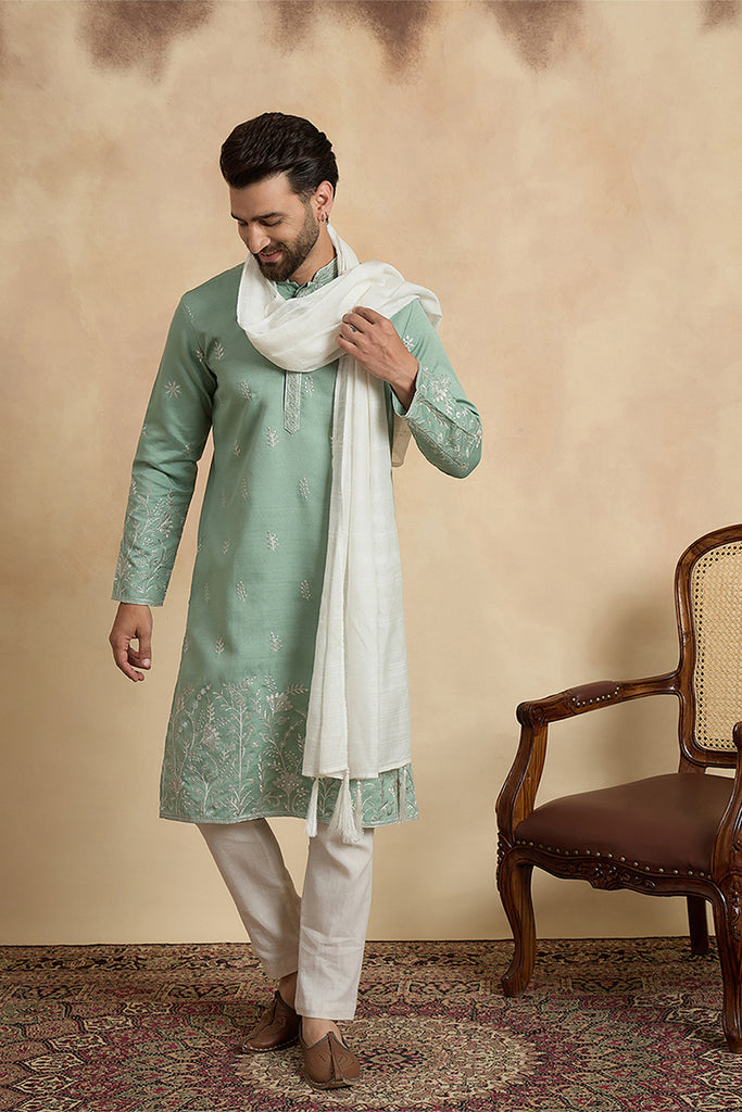 Green Silk Blend Solid Embroidered Straight Kurta Sets MKPD1783