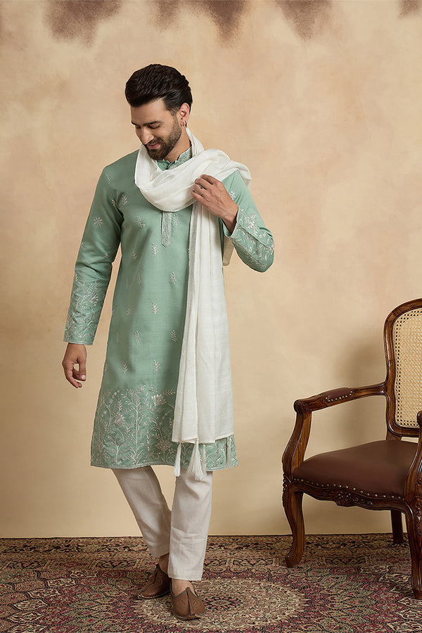 Green Silk Blend Solid Embroidered Straight Kurta Sets MKPD1783