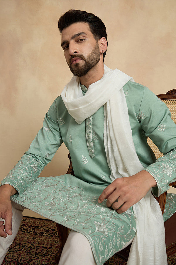 Green Silk Blend Solid Embroidered Straight Kurta Sets MKPD1783