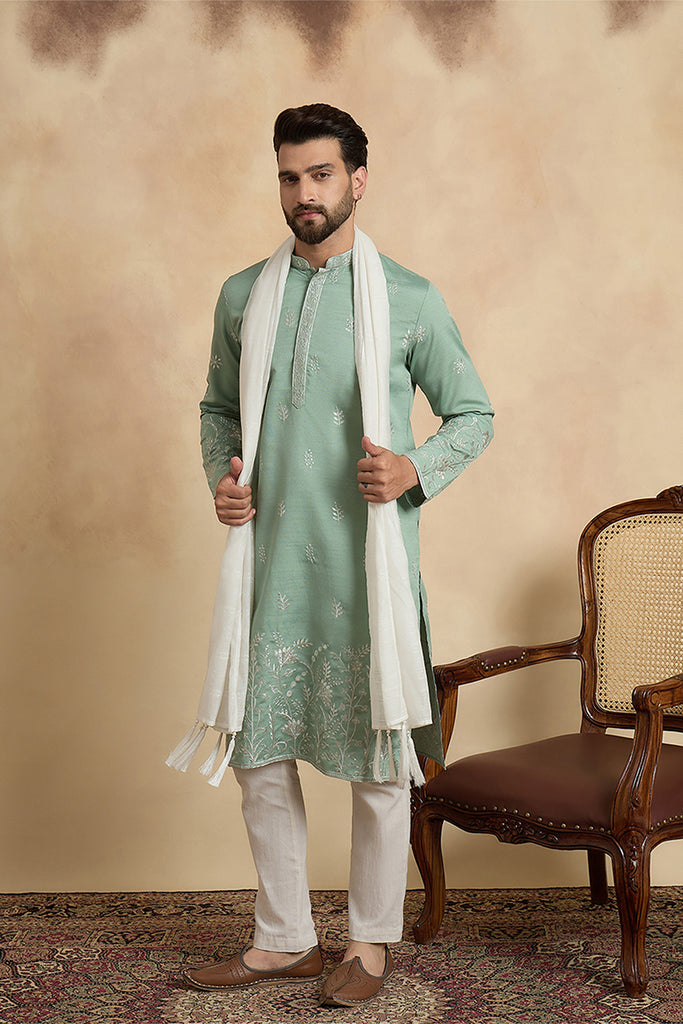 Green Silk Blend Solid Embroidered Straight Kurta Sets MKPD1783