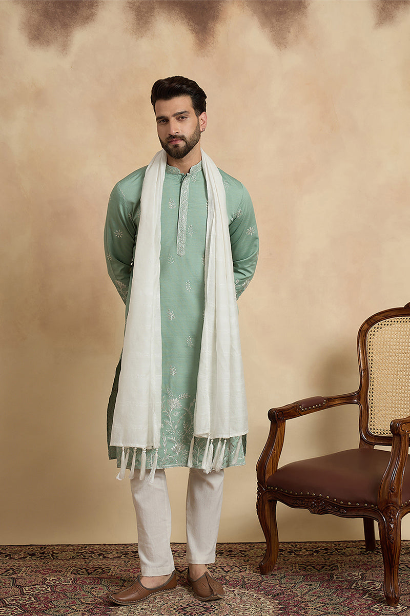 Green Silk Blend Solid Embroidered Straight Kurta Sets MKPD1783
