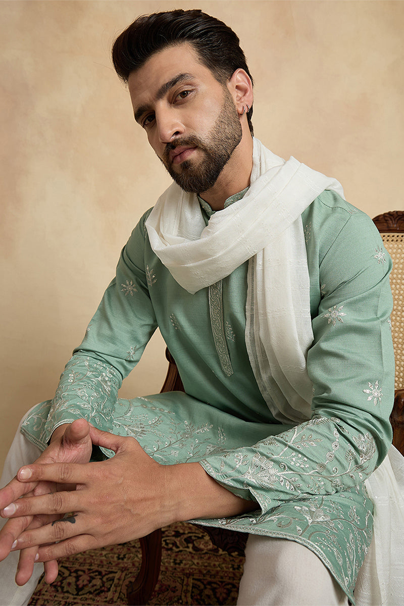 Green Silk Blend Solid Embroidered Straight Kurta Sets MKPD1783