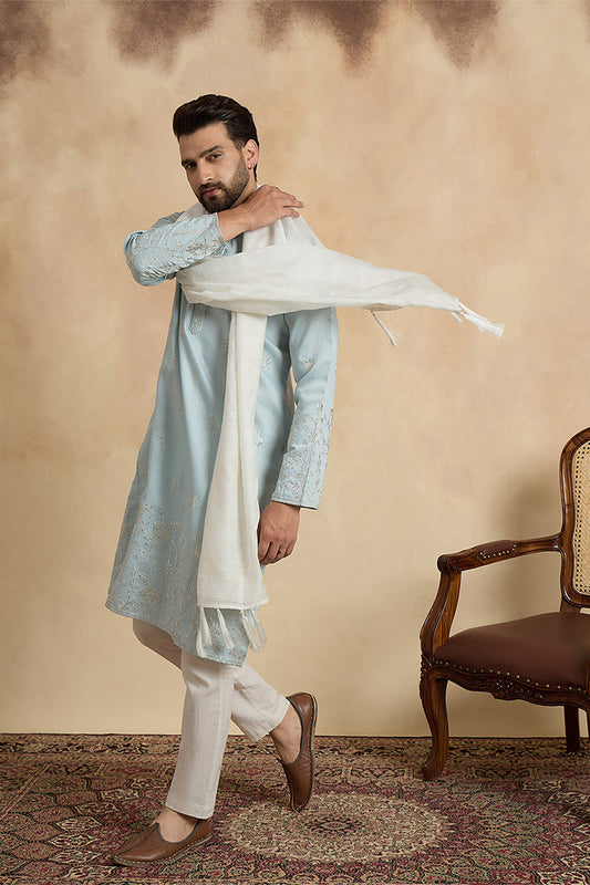 Blue Silk Blend Solid Embroidered Straight Kurta Sets MKPD1785