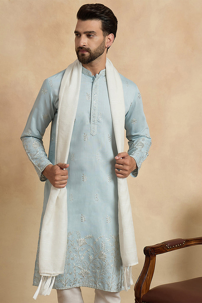 Blue Silk Blend Solid Embroidered Straight Kurta Sets MKUD1785