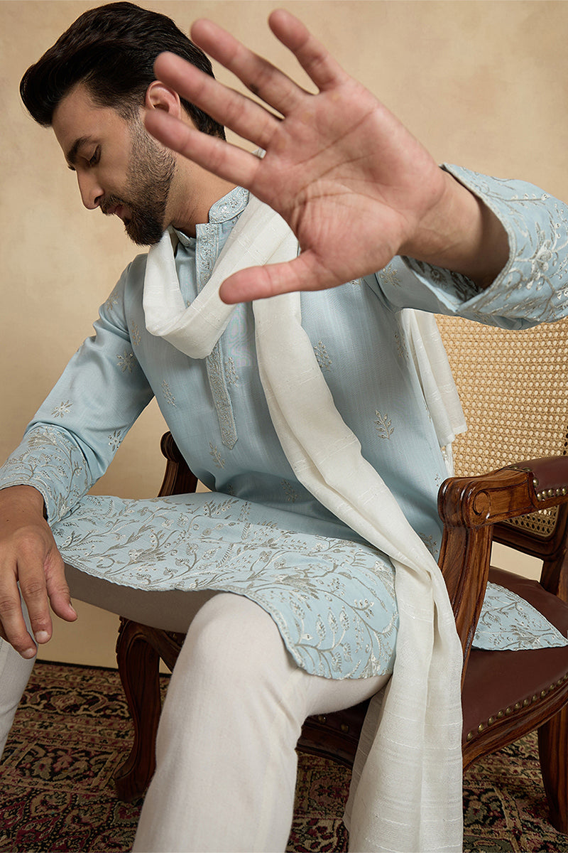 Blue Silk Blend Solid Embroidered Straight Kurta Sets MKPD1785
