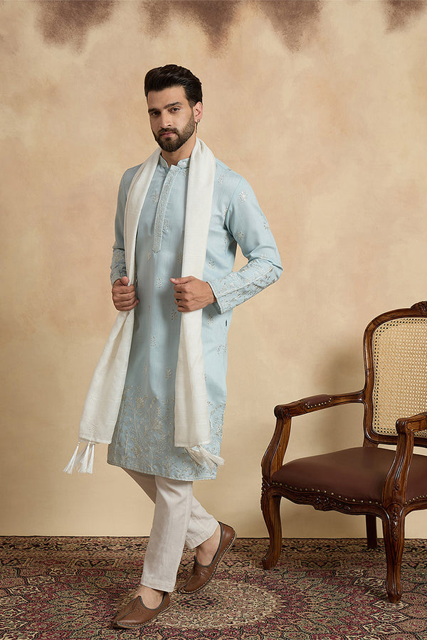 Blue Silk Blend Solid Embroidered Straight Kurta Sets MKPD1785