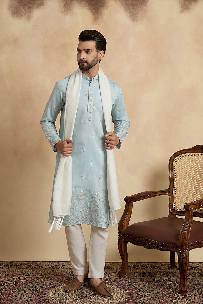 Blue Silk Blend Solid Embroidered Straight Kurta Sets MKPD1785