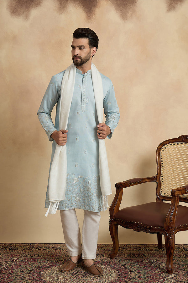 Blue Silk Blend Solid Embroidered Straight Kurta Sets MKPD1785